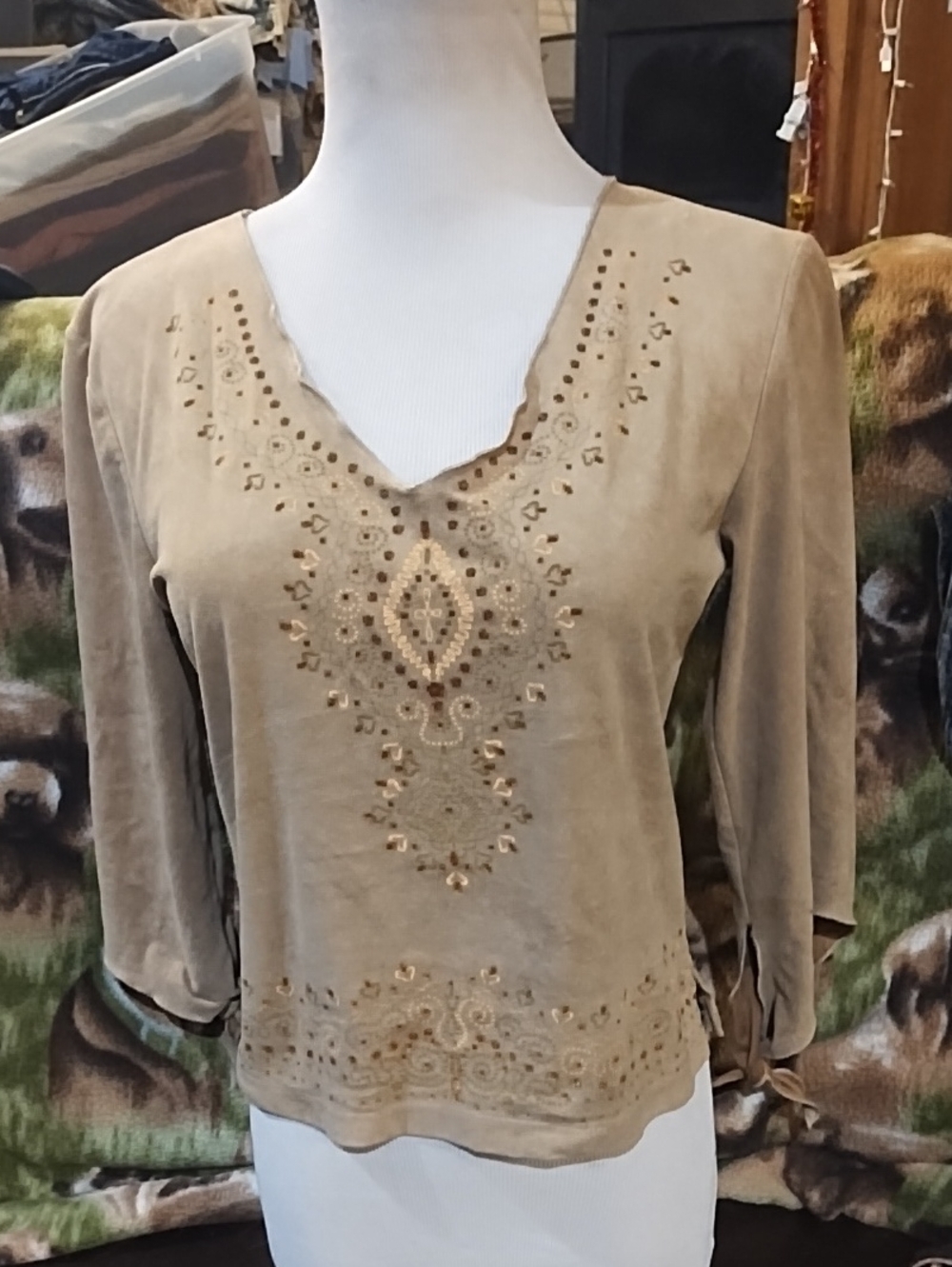 International Newport Group Embellished V-Neck Long Sleeve Top - Tan